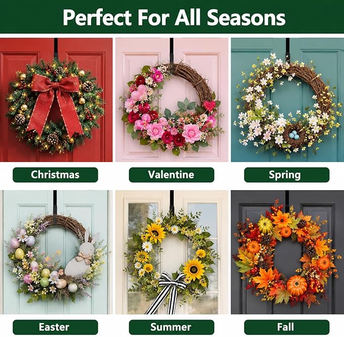 HappyFiller Wreath Hanger for Front Door, 15-25" Adjustable Heavy Duty Metal Hook Holds up to 20 lbs, Large Over the Door Wreath Holder for Christmas, Fall, Halloween Decorations & Home Decor (Black)