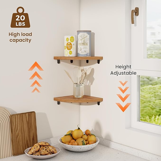 Fun Memories Corner Shelf Wall Mount Set of 2 - Solid Oak Wood Floating Corner Shelf with Cable Hole, 8.5in Rustic Design for Bedroom, Living Room, Kitchen (Natural)