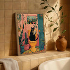 Funny Black Cat Bathroom Wall Art Whimsical Cat Reading Newspaper on Toilet Wall Decor Picture Cute Animal Bathroom Poster Canvas Painting Prints for Restroom 16x24 inch Framed