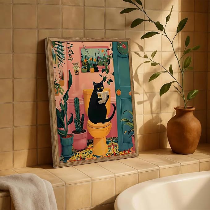 Funny Black Cat Bathroom Wall Art Whimsical Cat Reading Newspaper on Toilet Wall Decor Picture Cute Animal Bathroom Poster Canvas Painting Prints for Restroom 12x16 inch Framed