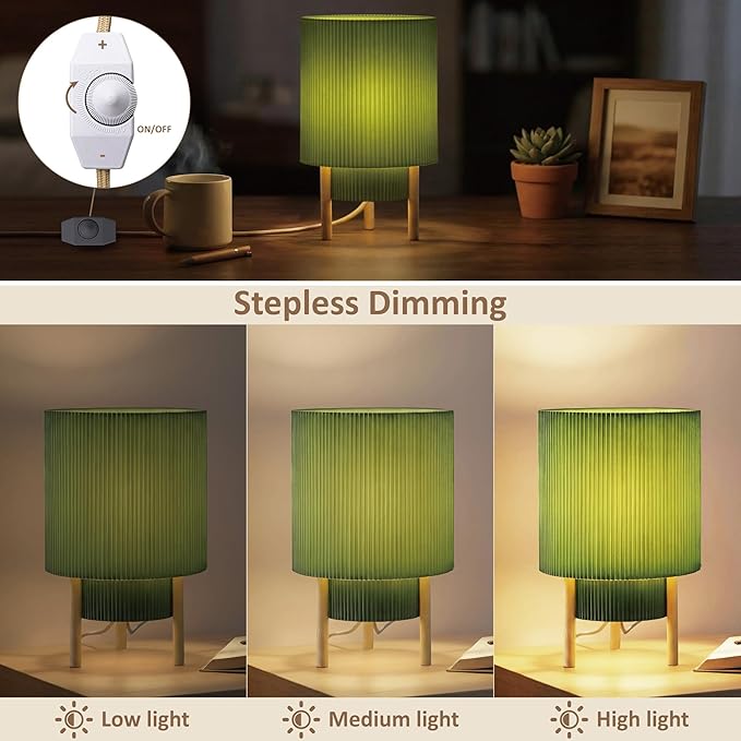 Buruis 2-Tier Table Lamp with Pleated Fabric Shade, Natural Rubber Wood Stand, UL Listed, 10'' Elegant Retro Mid-Century Bedside Lamp for Bedroom, Living Room, Bookshelf, Bulb Not Included, Green