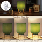 Buruis 2-Tier Table Lamp with Pleated Fabric Shade, Natural Rubber Wood Stand, UL Listed, 10'' Elegant Retro Mid-Century Bedside Lamp for Bedroom, Living Room, Bookshelf, Bulb Not Included, Green