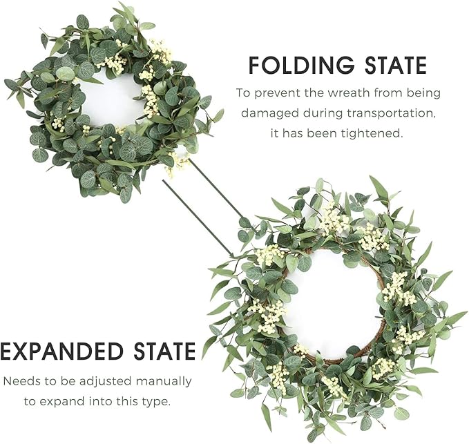 Pinkpum 22'' Eucalyptus Wreath for Front Door, Porch, Window - Green Decor for Home, Farmhouse - Spring, Summer, Fall, All Seasons