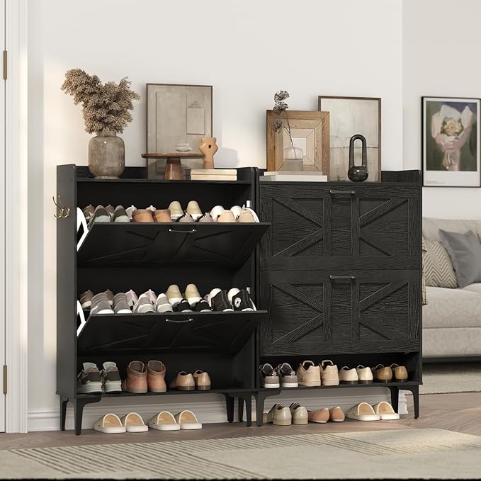 Shoe Storage Cabinet, Shoe Organizer with 2 Flip Drawers, Hidden Shoe Storage for Entryway, Freestanding Shoe Cabinet Organizer with Open Storages, Black SHHB9401