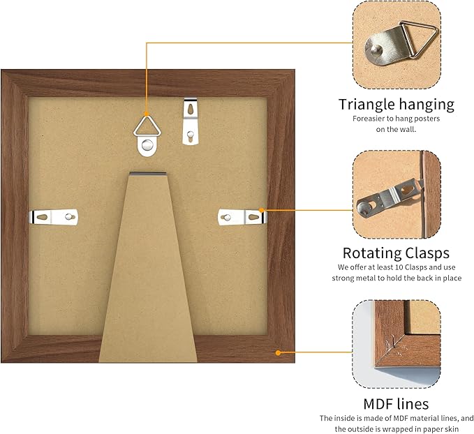 6x6 Picture Frame 3 Pack - Brown Poster Frame Display Pictures 4x4 with Mat or 6 x 6 Without Mat for Wall Hanging Horizontal and Vertical