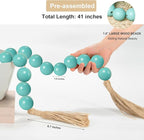 OMISHE Extra Large Wood Bead Garland Aqua Teal with 1.6" Diameter Wooden Beads and Tassels, 41" Long Rustic Farmhouse Country Decorative Beads for Home Decor, Aqua Teal