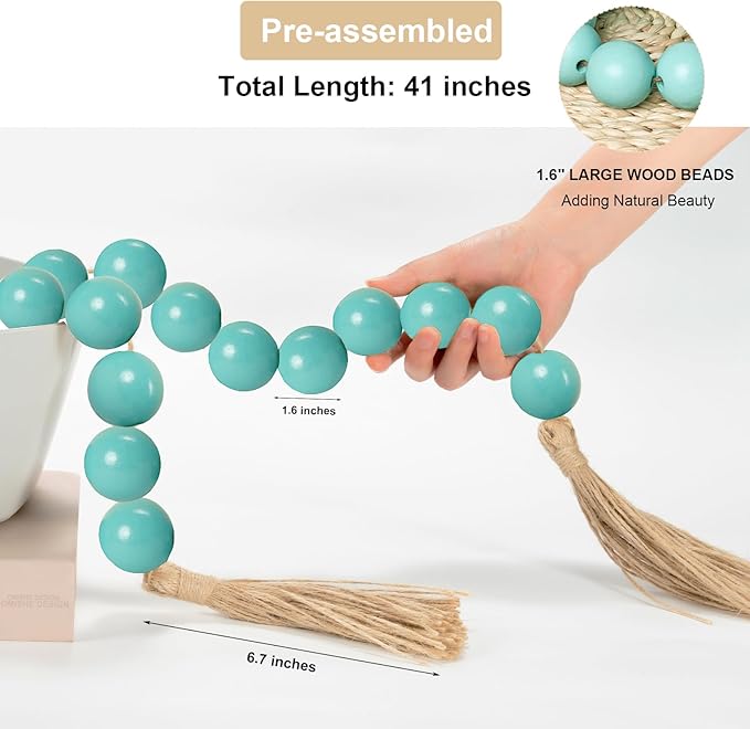 OMISHE Extra Large Wood Bead Garland Aqua Teal with 1.6" Diameter Wooden Beads and Tassels, 41" Long Rustic Farmhouse Country Decorative Beads for Home Decor, Aqua Teal