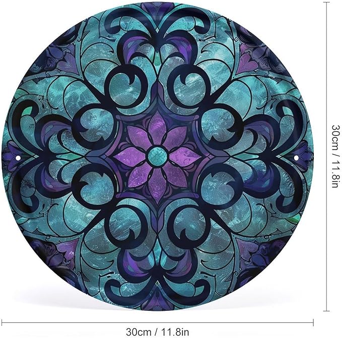 Wall Picture, with Stained Glass Pattern Printed Circular Iron Hanging Picture,Wall Art Decor,Home for Bedroom Living Room Bathroom Decor,Iron Painting 11.8X11.8 in