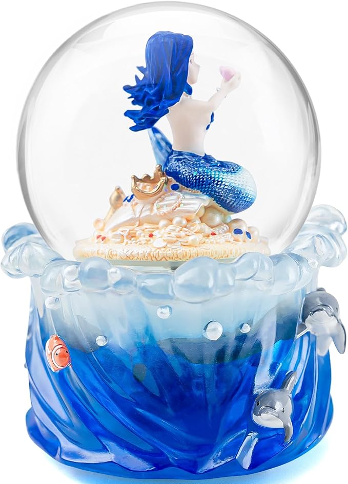 Mermaid Snow Globe Music Box with Light, Plays You are My Sunshine, Blue Ocean Musical Snow Globe Gift for Women, Wife, Girlfriend, Daughter, Mom, Birthday Anniversary Christmas Decor