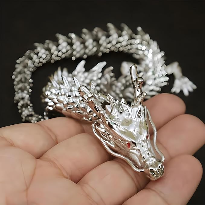 LIYAOLI 3D Printed Metal Articulated Chinese Dragon Figurine Statue Bookshelf Decor 15 Inch Silver Flexible Joints Luck Dragon for Home Office Desk Decoration