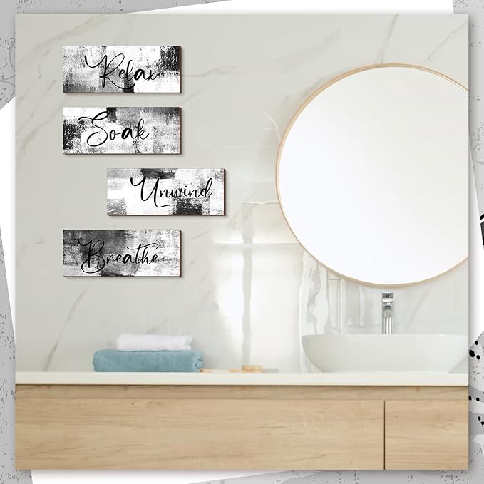 Maitys 4 Pcs Bathroom Wall Decor 10 x 4 Inch Bathroom Wall Art Contemporary Wood Restroom Pictures for Soak Unwind Relax Hanging Sign Spa Rustic Vintage Farmhouse Pediments(Black and White)