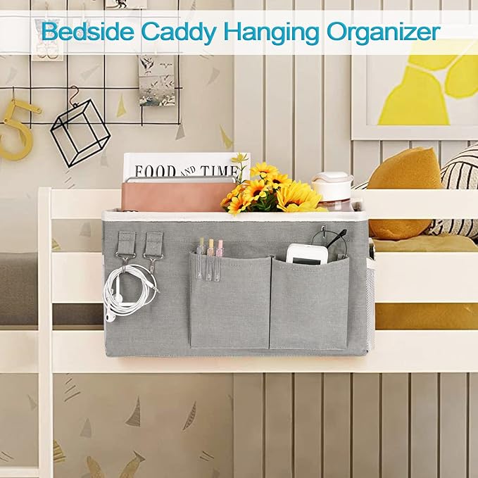 Loghot Bedside Caddy/Bedside Storage Bag Hanging Organizer for Bunk and Hospital Beds,Dorm Rooms Bed Rails,Can be Placed Glasses,Books,Mobile Phones,Keys (2pc Grey)