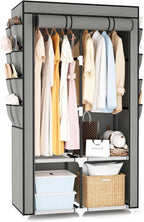 Portable Closet for Hanging Clothes, Portable Wardrobe Closet with Cover, 4 Storage Shelves, 2 Hanging Rods and 8 Side Pockets, Easy Assembly and Sturdy Free Standing Closet for Bedroom, Grey