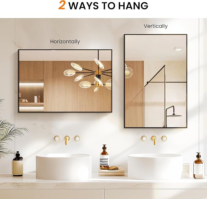 TRAHOME Bathroom Vanity Mirror for Wall, 20" x 30" Metal Framed Rectangular Bathroom Wall Mirror for Over Sink, HD Shatterproof Glass, Hangs Horizontally or Vertically(Black)