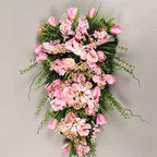 belupai 21.6in Artificial Flower Teardrop Swag, Decorative Swag with Green Leaves and Fake Flowers, Faux Tulips Floral Swag for Spring Summer Indoor Outdoor Window Decor (Pink)