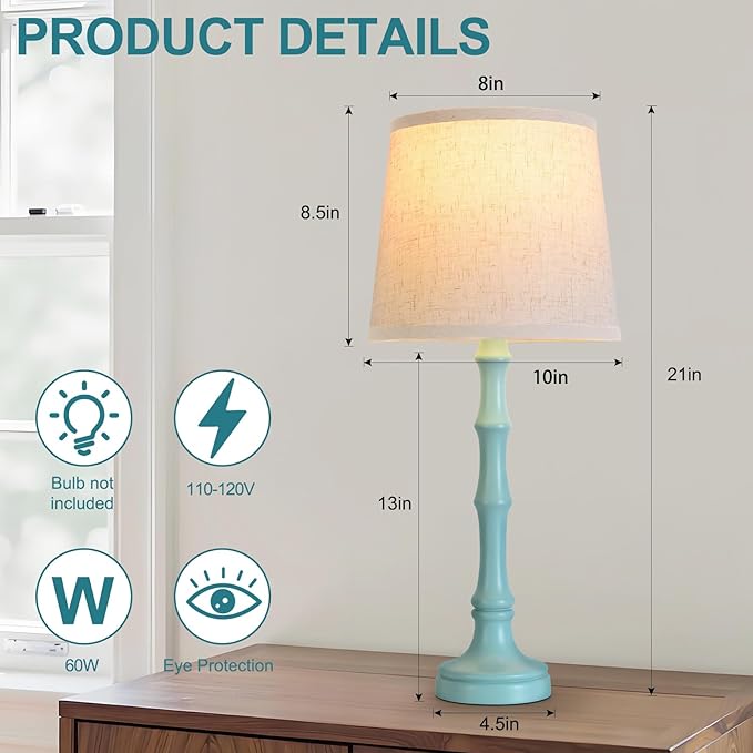 Lamps Set of 2 Modern Farmhouse Table Lamp Bedside Reading Lamps Living Room End Tables Set Lamps for Night Stands Bedroom Night Lamp,High 27 Inch,Green,With Fabric Lamp Shade,Bulb Not Included