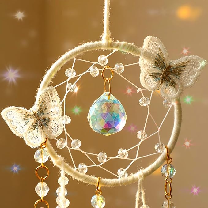Artilady Dream Catcher for Girls - White Butterfly Small Dream Catchers with Crystals Cute Room Decor for Teen Girls Boys Boho Bedroom Wall Home Decorations Birthday Christmas Women Kids Gifts