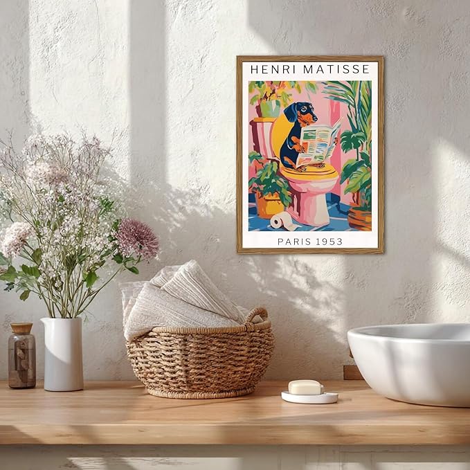Funny Dachshund Bathroom Wall Art Henri Matisse Dog Bathroom Wall Decor Picture, Cute Puppy Animal Reading Newspaper in Toilet Poster Painting Canvas Print 12x16 inch Wood Framed