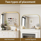 Gold Wall Mounted Bathroom Mirror - 38 x 30 Inch Round Cruved Top Right Angle Bottom Wide Wall Mirror, Aluminum Metal Framed, Decor for Living Room, Bedroom, Fireplace, Mantle, Entryway