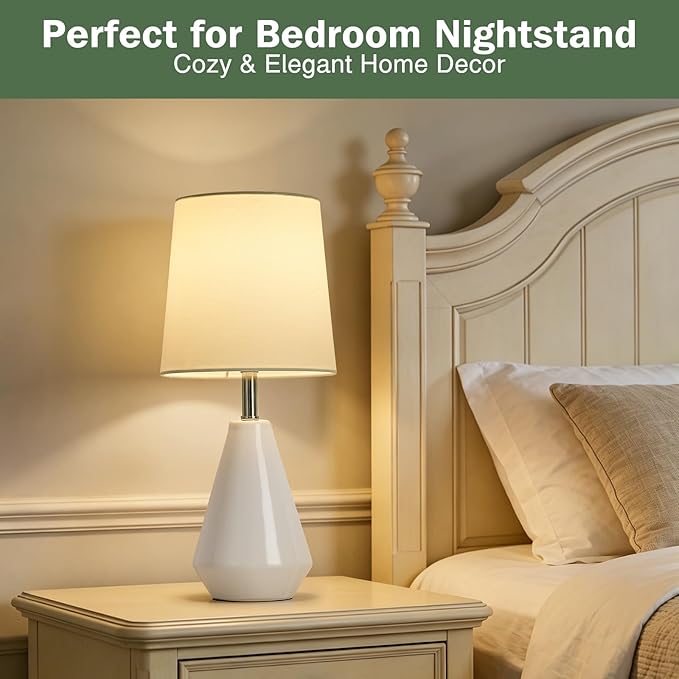 Small Bedside Table Lamp for Bedroom - Reading Desk Lamp with 3 Color Temperatures，15.5" Nightstand Ceramic Lamp with Fabric Shade for Kids Room,Living Room,Dorm,Home Office (White)