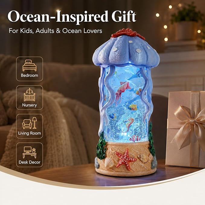Jellyfish Night Light Water Snow Globe with Music and 2 Soothing Melodies, Rotating Ocean Scene Lamp with 6 Hours Timer, USB Powered or 3 AA Battery Operated Gift for Kids Adults Bedroom Nursery