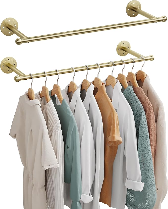 OROPY Industrial Pipe Clothing Rack Set of 2, Wall Mounted Clothes Rack, Closet Rods For Hanging Clothes, 33" Multi-purpose Hanging Rod for Laundry Room, Bedroom and Closet Storage, Gold