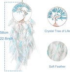 White and Cyan Dream Catcher Wall Decor Crystal Tree of Life Dream Catchers Handmade Feather Dreamcatcher Wall Hanging Ornament for Bedroom Living Room Home Decor