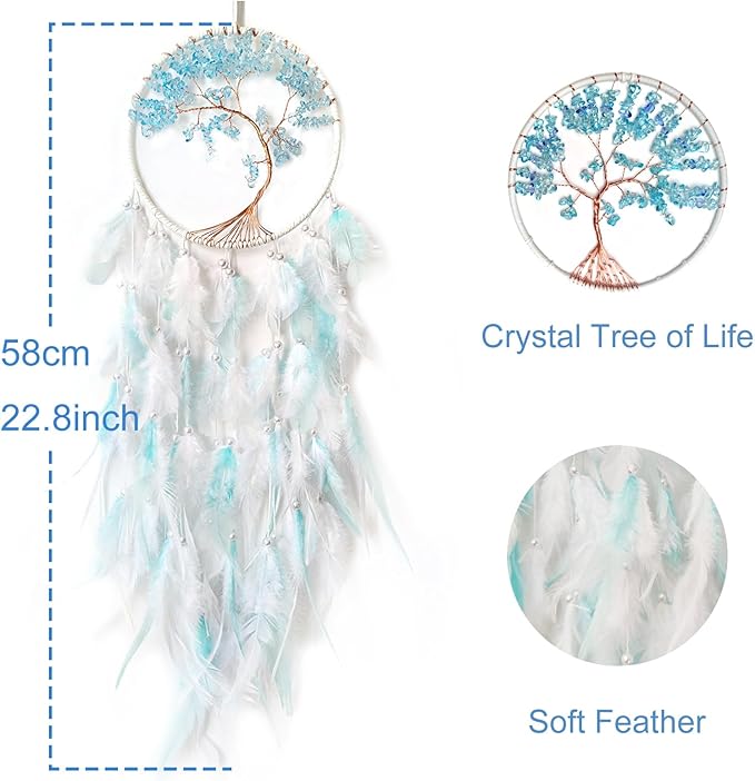 White and Cyan Dream Catcher Wall Decor Crystal Tree of Life Dream Catchers Handmade Feather Dreamcatcher Wall Hanging Ornament for Bedroom Living Room Home Decor