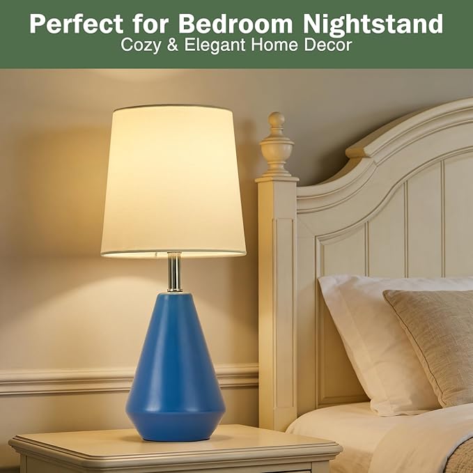 Small Bedside Table Lamp for Bedroom - Reading Desk Lamp with 3 Color Temperatures，15.5" Nightstand Ceramic Lamp with Fabric Shade for Kids Room,Living Room,Dorm,Home Office (Blue+White)