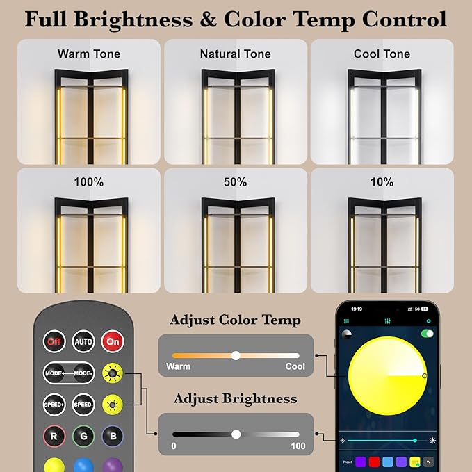 5-Tier Display Cabinet, Set of 2, 65" Tall Corner Shelf Stand with Storage, RGBWIC LED Light, Remote & APP Control, Adjustable Brightness/Color Temp, Floor Lamp Shelves for Living Room