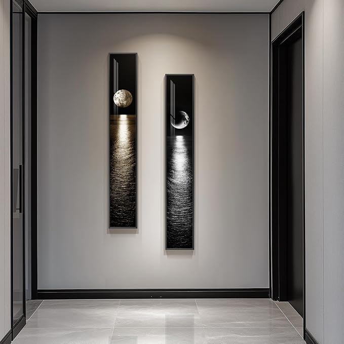 Framed Long Narrow Vertical Moon Wall Art Set of 2, Modern Black White Gold Bright Art Prints Paintings, Night Sea Landscape Pictures for Living Room Entryway Hallway Dining Room Bedroom Wall Decor