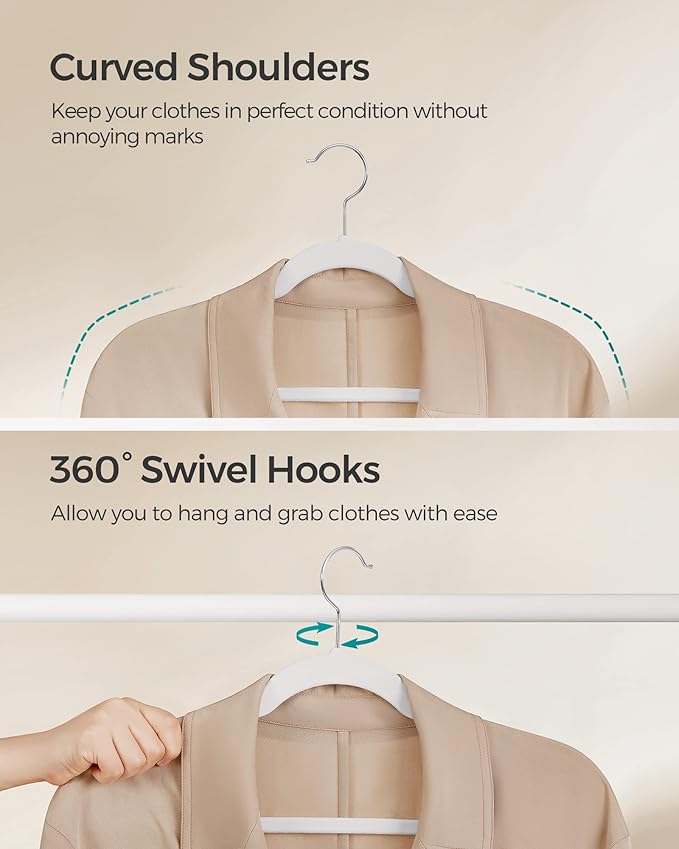 SONGMICS Velvet Hangers 100 Pack, Non-Slip Clothes Hangers with Shoulder Notches, Pants Bar, 360° Swivel Hook, Space-Saving, for Closet, Cloud White UCRF029W010