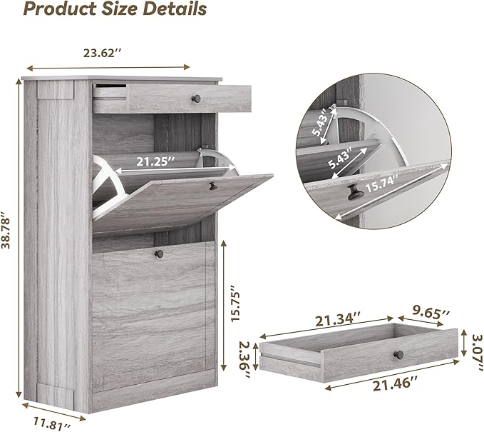 Shoe Storage Cabinet with 2 Flip Drawers, Narrow Freestanding Hidden Shoe Rack Cabinet, Pet-Proof Shoe Organizer for Closet, Entryway, Hallway, Wash Grey