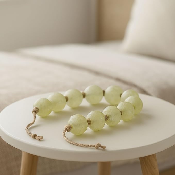 Modern Frosted Glass Bead for Home Decor and Bathroom - Refined Garland with Jute Cord Accent for Shelf and Coffee Table Styling - Light Reflective Piece for Office and Living Room - 3", Green