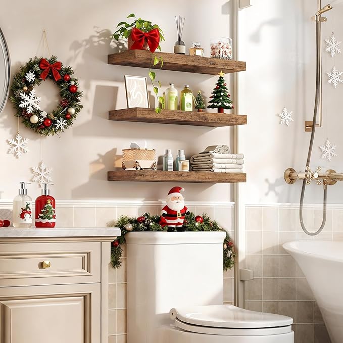 RALGEND Floating Shelves for Wall, 1.5" Thick Wall Shelf Set of 3 with Invisible Brackets, 23.6L x 7.9W Hanging Shelves Farmhouse Home Decor for Bathroom, Living Room, Bedroom, Rustic Brown 6301BJP3BF