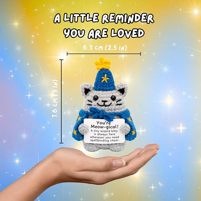 Handcrafted Crochet Witch Doll, Small 2.5x1.5x4 Inch Decorative Plush Figure, Yarn Material, Magical Theme, Inspirational Signs, for Ages 13+ (Cat Wizard)