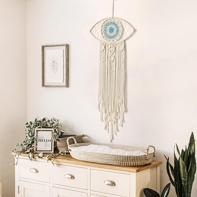 LOMOHOO Large Boho Dream Catchers Evil Eye Macrame Wall Hanging Woven Dream Catcher for Bedroom Home Dorm Room Ornament(Beige)