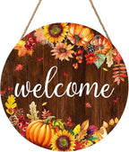 Fall Pumpkin Sunflower Front Door Welcome Hanger 12"x12" - Autumn Thanksgiving Farmhouse Decorations - Rustic Outdoor Hanging Plaque Wall Art for Home Porch