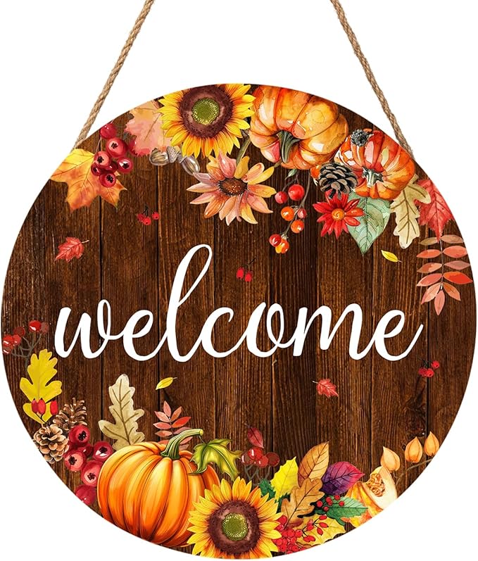 Fall Pumpkin Sunflower Front Door Welcome Hanger 12"x12" - Autumn Thanksgiving Farmhouse Decorations - Rustic Outdoor Hanging Plaque Wall Art for Home Porch