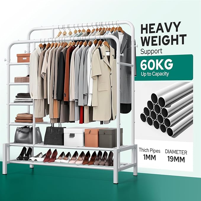 Clothes Rack, Double Rods Clothing Rack with 2 Bottom Shelves & 4 Side Shelves, Metal Garment Rack for Hanging Clothes, Heavy Duty Clothes Rack for Bedroom, Laundry, Living Room, White
