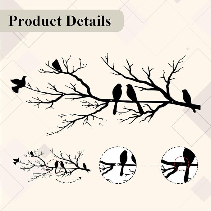 Metal Birds Wall Art, Metal Vivid Birds on Branch Silhouette Wall Decor Black Leaves with Bird Outdoor Hanging Wall Sculpture for Home Balcony Garden(Large)