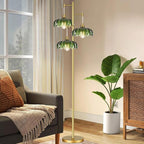 QIYIZM Glass Floor Lamp for Living Room,Bedroom,Mid Century Modern Standing Lamp Brass Tree 3 Light Tall Floor Lamps Vintage Retro Floor Lights Gold Green Flower Lamp Shade Farmhouse Boho Bohemian