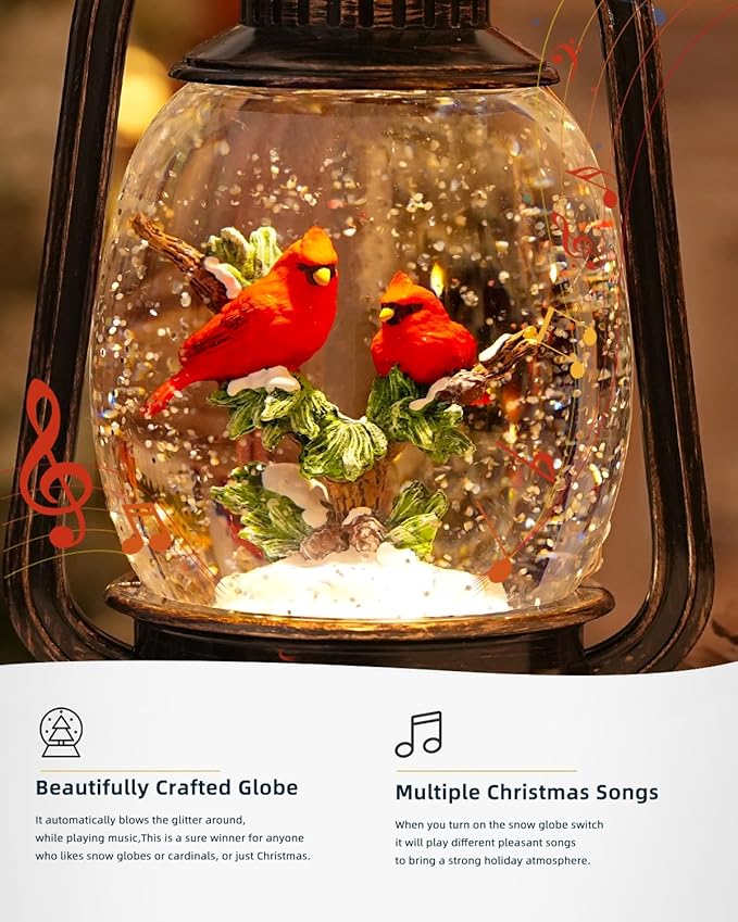 Christmas Snow Globes Cardinal Gifts,Christmas Decorations Cardinal Snow Globe, Musical Lantern Light Up 6H Time Glitter Globe Cardinal Red Bird Memorial Gift for Women