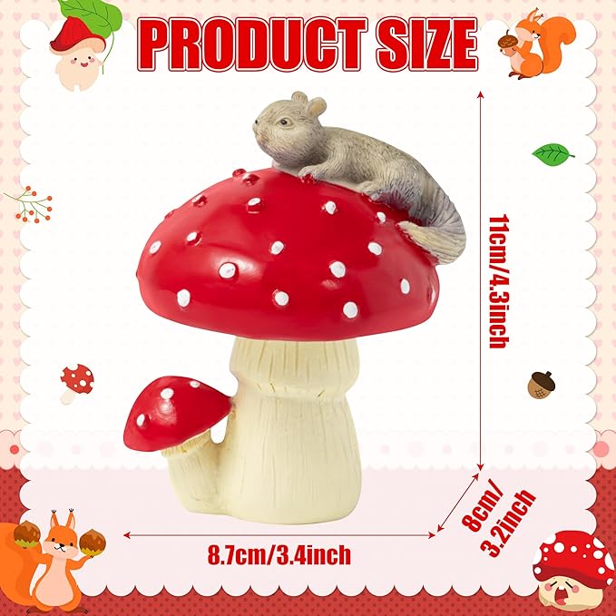 Squirrel Mushroom Resin Statue - Cute Squirrel Mushroom Statue for Desk Living Room Resin Figurine for Home Patio Office Decoration Cute Plant Statues for Tabletop Garden Backyard Decoration