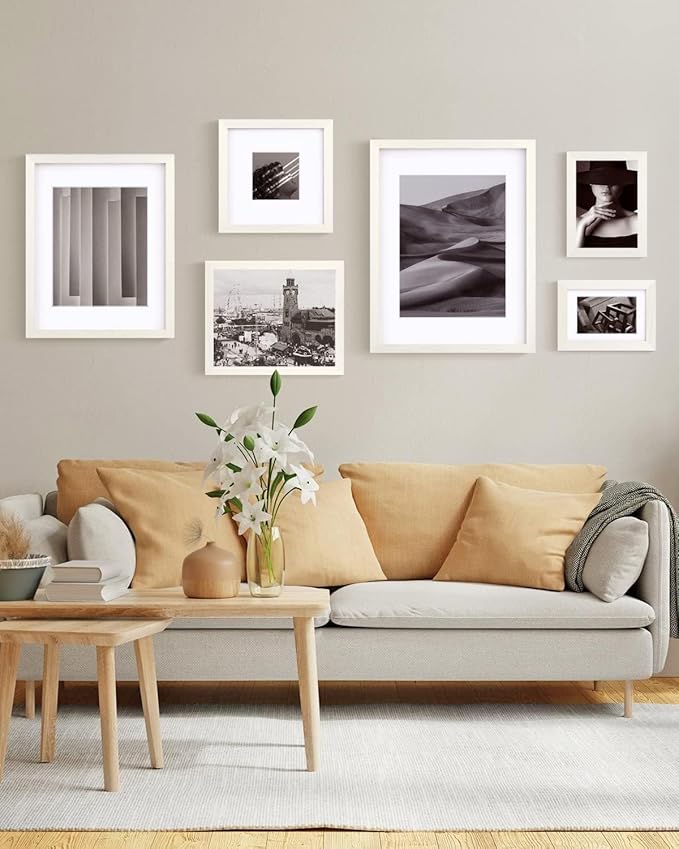 Egofine A4 Picture Frames Set of 4, Made of Solid Wood Covered by Plexiglass 5x7 and 6x8 with Mat or A4 without Mat, for Table Top Display and Wall Mounting Photo Frame Beige