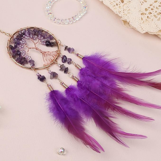 Pretty Jolly Small Tree of Life Crystal Stone Dream Catchers Purple Feathers Mini Dreamcatchers for Cars Rear View Mirror Hanging Decoration Good Luck Travel Charm Bedroom Ornaments for Women Girls