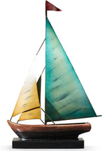 Retro Metal Sailboat Decor, Iron Nautical Sculpture for Home, Vintage Boat Figurine for Living Room Table, Office Desk, Bookshelf, Coastal Style Decoration (Lake Blue & Yellow)