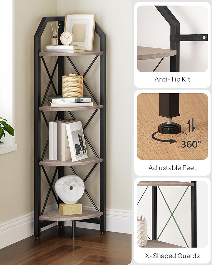 CHOEZON 4-Tier Corner Shelf, Industrial Corner Bookshelf, 47.6" Corner Storage Stand, Plant Stand Display Shelf, Corner Bookcase for Bedroom, Living Room, Home Office, Greige and Black TCJ09BG