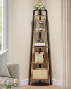 CHOEZON Corner Shelf, 5-Tier Ladder Corner Shelf, Ladder Bookshelf, 59.6" Tall Vertical Display Stand, Metal Frame Bookshelf, for Living Room, Bedroom, Kitchen, Rustic Brown and Black TCJ20BF