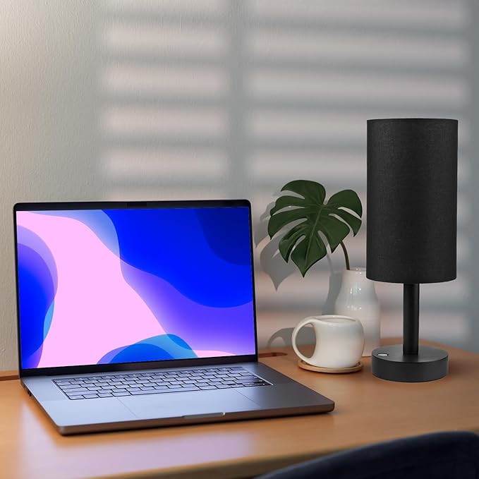 LALISU Small Table Lamp Nightstand Lamp Linen Lampshade Bedroom Wood Base Small Bedside Lamp for Night Stands, Desk Lamps for Reading Living Room, Office (LED Bulb Included) (Black and Cordless)